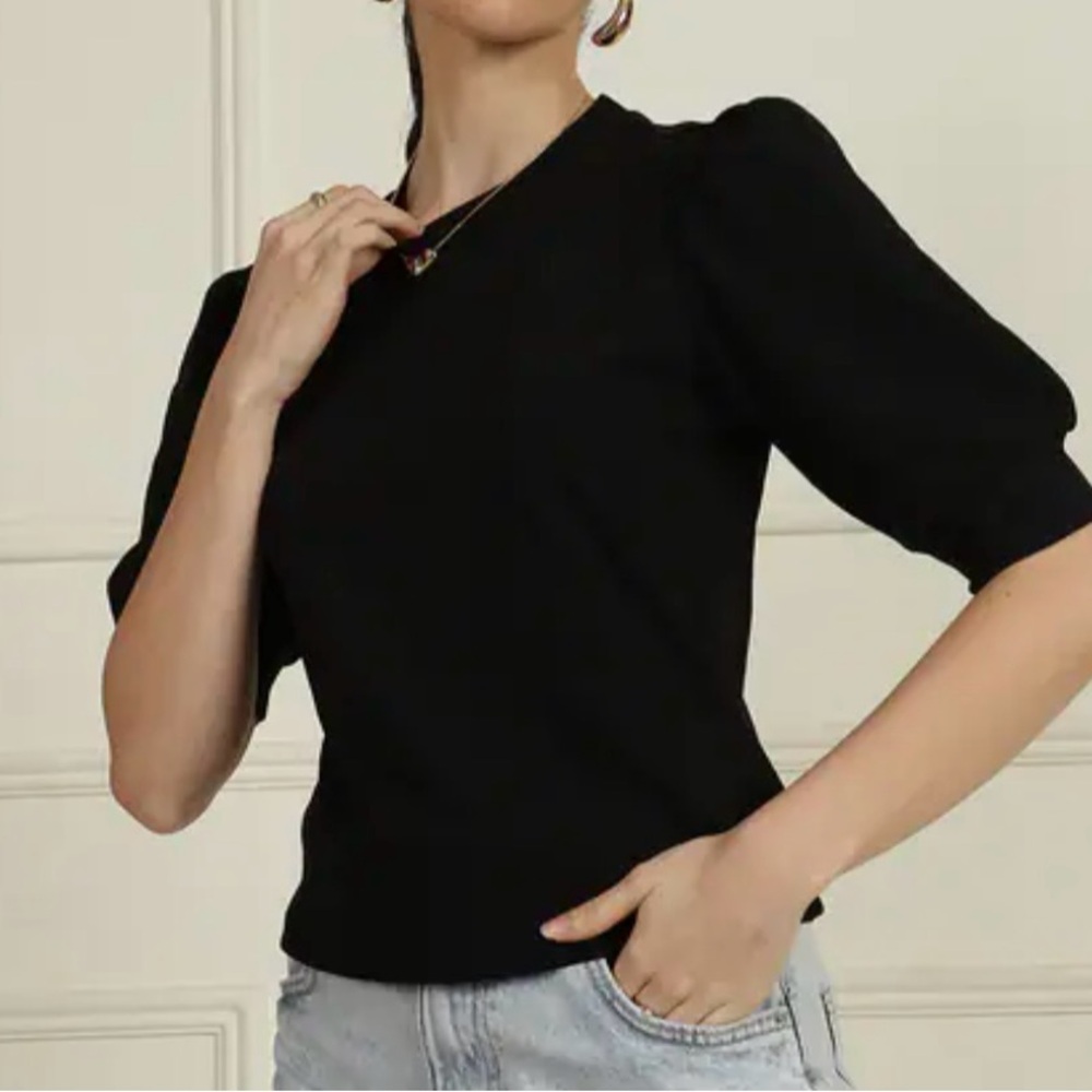 Black Knit Puff Short Sleeve Top Travel Blouse women’s sz L